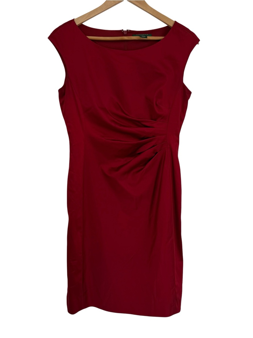 Lauren Ralph Lauren Red Ruched Satin Dress Holiday Sheath Size 8P Sleeveless